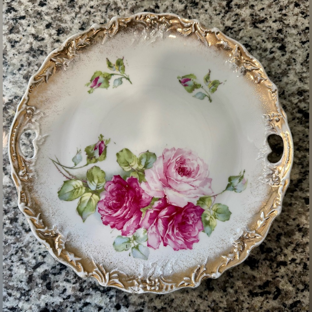 Elegant Antique French-German‎ Rose Porcelain Plate with Gold Trim